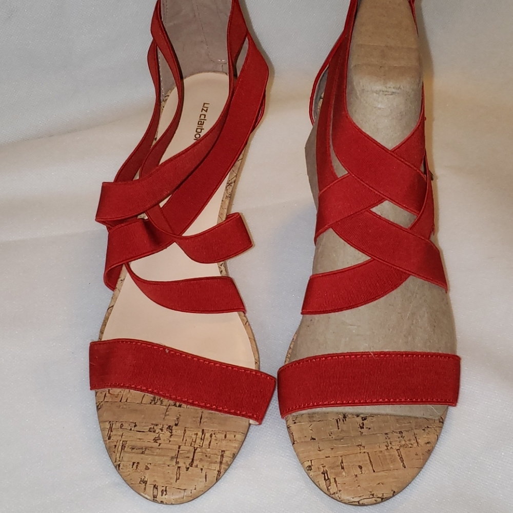 Liz Claiborne Red Strappy Cork Wedge Sandals Like New